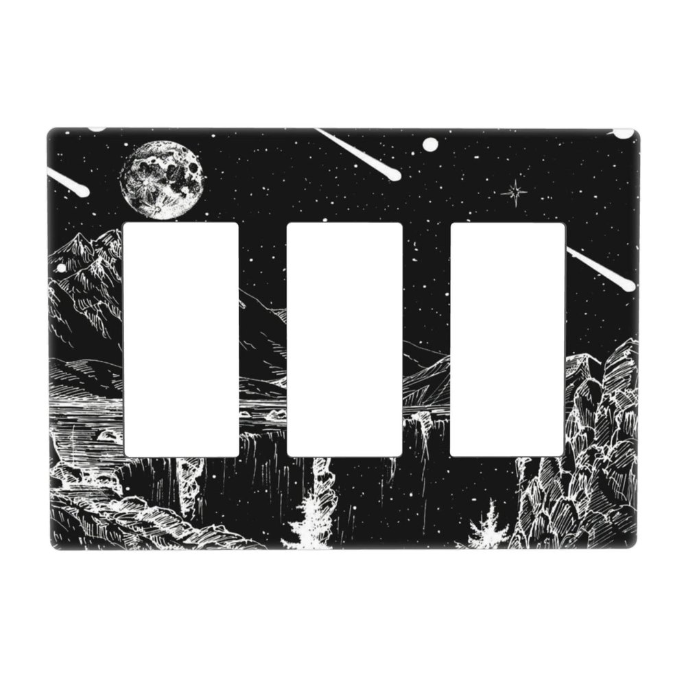 Mountain Starry Moon 3 Gang Triple Rocker/Decora Light Switch Wall Plate Cover Decorative Electrical Faceplate for Bathroom Home Living Room Bedroom Decor Screwless 6.57" x 4.65