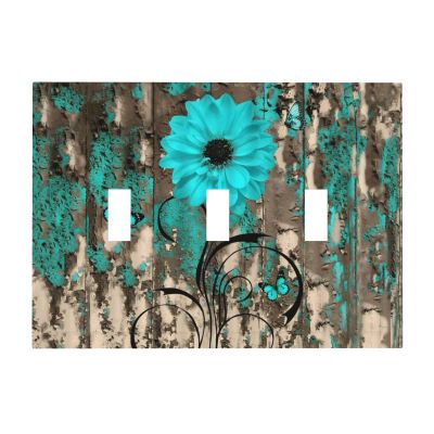 Rustic Teal Floral 3 Gang Light Switch Cover Decorative Triple Toggle Wall Plate Turquoise Blue Flower Indigo Dahlia Barn Vintage Farmhouse Country Farm Bathroom Decor Accessories Faceplate