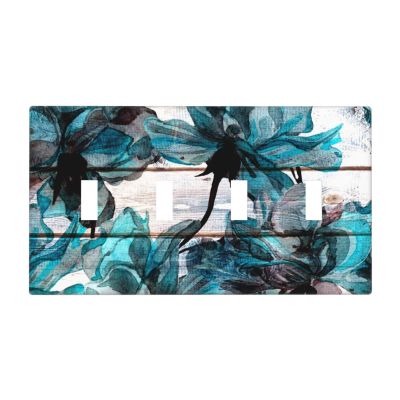Teal Blue Flower 4 Gang Light Switch Cover Quad Toggle Wall Plate Turquoise Aqua Floral Rod Pocket Mint Green Bloom Bedroom Decor Watercolor Plants Art Printed Decorative Faceplate Oversize