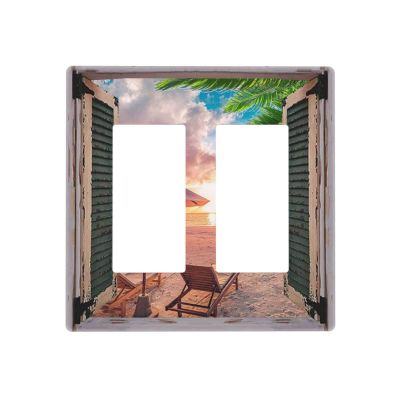 Tropical Summer Beach Sunset 2 Gang Double Rocker/Decora Light Switch Cover Decorative Outlet Wall Plate Electrical Faceplate Bathroom Home Bedroom Decor Screwless 4.7" x 4.6