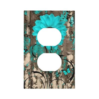 Rustic Teal Floral Dahlia Daisy 1 Gang Electrical Duplex Outlet Covers Single Receptacle Socket Plug Wall Plate Farm house Country Turquoise Blue Flower Butterfly Bathroom Restroom Decor Accessories