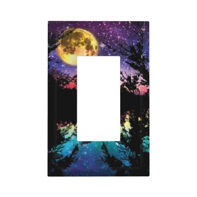 Lake Fantasy Full Moon 1 Gang Decorator/GFCI Light Switch Cover Decorative Single Rocker Outlet Wall Plate Nature Moonlight Stars in Starry Night Sky Forest Trees Galaxy
