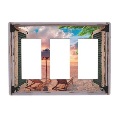 Tropical Summer Beach Sunset 3 Gang Triple Rocker/Decora Light Switch Wall Plate Cover Decorative Electrical Faceplate for Bathroom Home Living Room Bedroom Decor Screwless 6.57" x 4.65