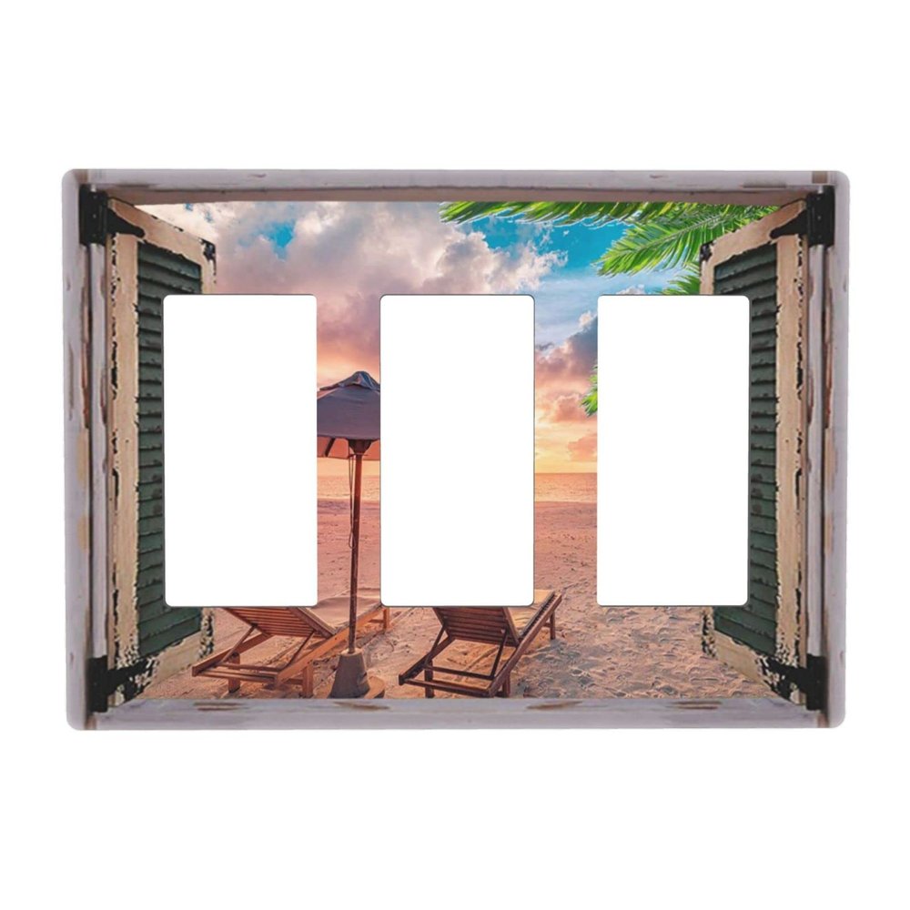 Tropical Summer Beach Sunset 3 Gang Triple Rocker/Decora Light Switch Wall Plate Cover Decorative Electrical Faceplate for Bathroom Home Living Room Bedroom Decor Screwless 6.57" x 4.65
