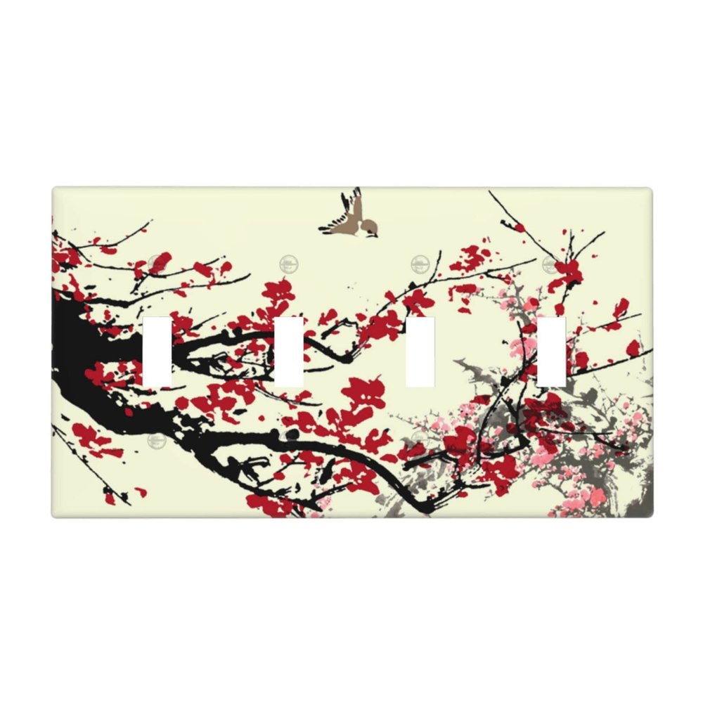 Flower Blossom 4 Gang Light Switch Cover Decorative Quad Toggle Wall Plate Decorative Electrical Faceplate for Bathroom Home Bedroom Decorate Large Size 8" x 4.5