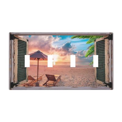 Tropical Summer Beach Sunset 4 Gang Light Switch Cover Decorative Quad Toggle Wall Plate Decorative Electrical Faceplate for Bathroom Home Bedroom Decorate Large Size 8" x 4.5