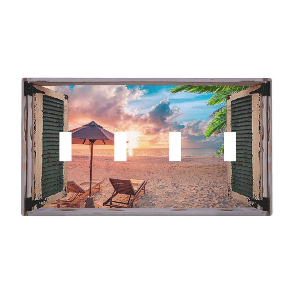 Tropical Summer Beach Sunset 4 Gang Light Switch Cover Decorative Quad Toggle Wall Plate Decorative Electrical Faceplate for Bathroom Home Bedroom Decorate Large Size 8" x 4.5