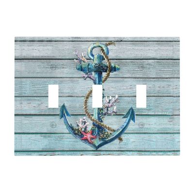 Nautical Anchor Board 3 Gang Electrical Triple Toggle Light Switch Cover Decorative Wall Plate Coastal Beach Rustic Striped Bathroom Decor Timeworn Marine on Weathered Wooden Wood Planks Accessories