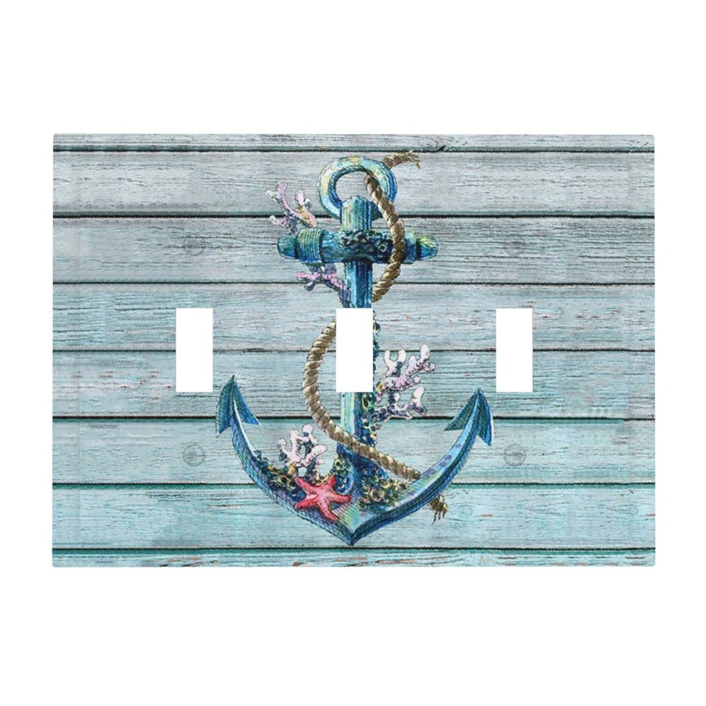 Nautical Anchor Board 3 Gang Electrical Triple Toggle Light Switch Cover Decorative Wall Plate Coastal Beach Rustic Striped Bathroom Decor Timeworn Marine on Weathered Wooden Wood Planks Accessories
