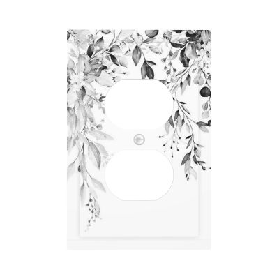 Black and White Eucalyptus Grey Leaves 1 Gang Electrical Outlet Covers Decorative Single Receptacale Device Plug Socket Wall Plate Botanical Nature Plant with Floral Bedroom Bathroom Decoration