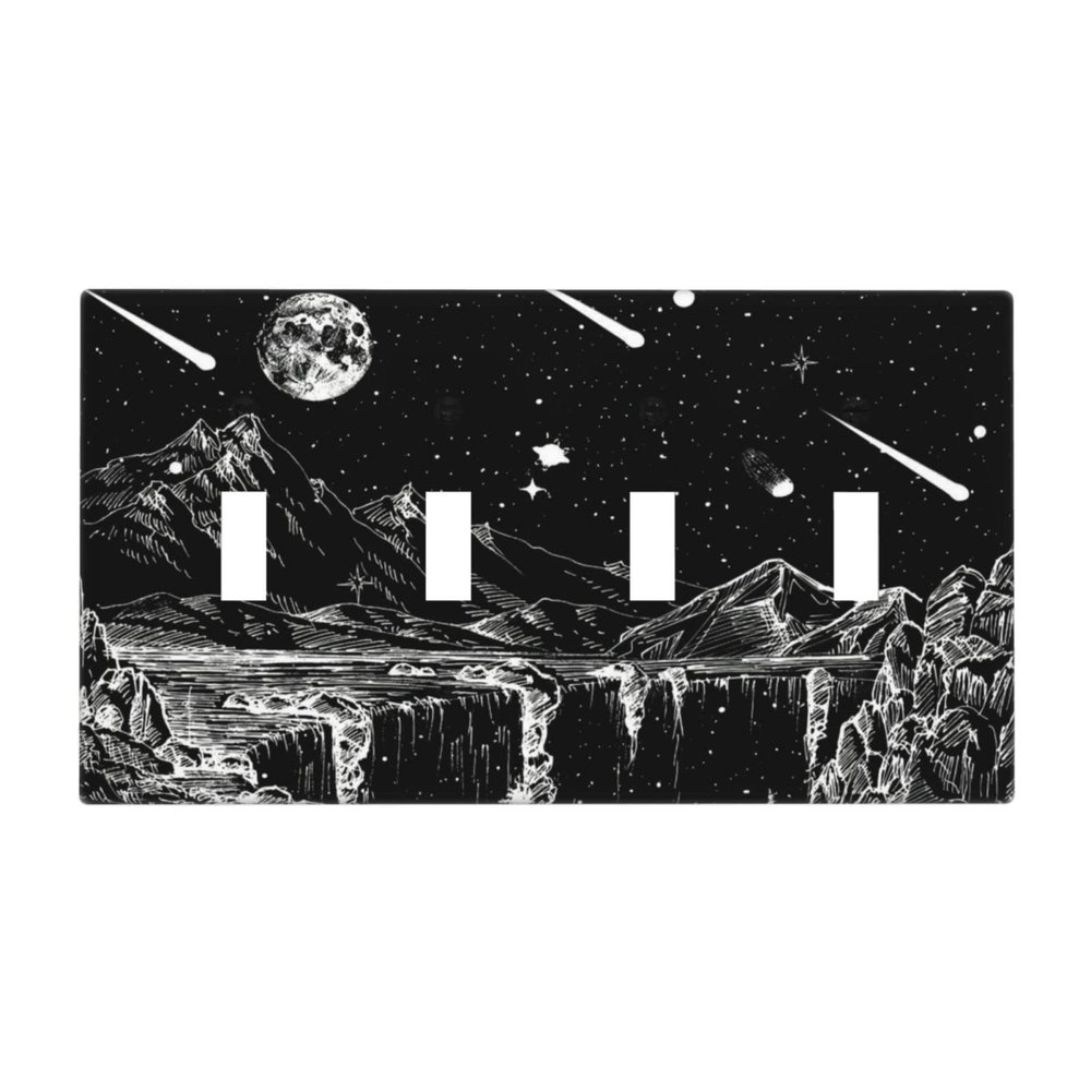 Mountain Starry Moon 4 Gang Light Switch Cover Decorative Quad Toggle Wall Plate Decorative Electrical Faceplate for Bathroom Home Bedroom Decorate Large Size 8" x 4.5