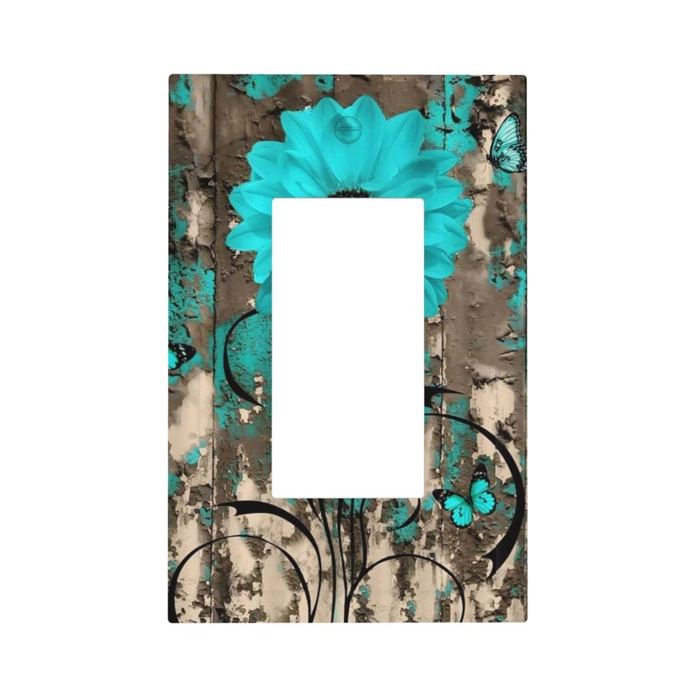 Rustic Turquoise Blue Floral Dahlia Daisy 1 Gang Single Decorator/GFCI/Rocker/Decora Outlet Light Switch Wall Plate Cover Farm house Country Teal Flower Butterfly Bathroom Restroom Decor Accessories