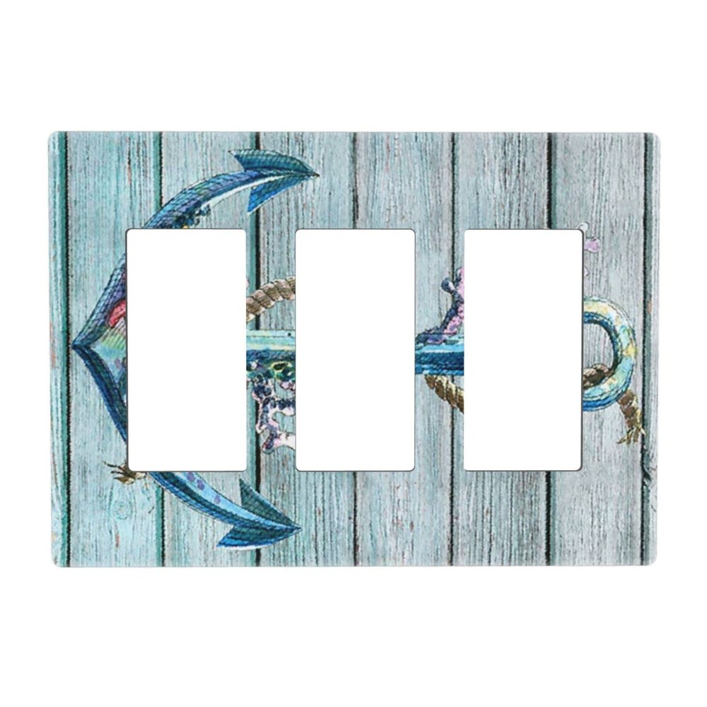 Nautical Anchor 3 Gang Triple Rocker/Decora Light Switch Wall Plate Cover Decorative Electrical Faceplate for Bathroom Home Living Room Bedroom Decor Screwless 6.57" x 4.65