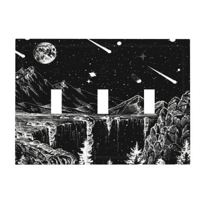 Mountain Moon Stars 3 Gang Triple Toggle Light Switch Cover Decorative Wall Plate Black and White Art Starry Night Nebula Electrical Switchplate Faceplate for Bedroom Living Room Dorm Decor