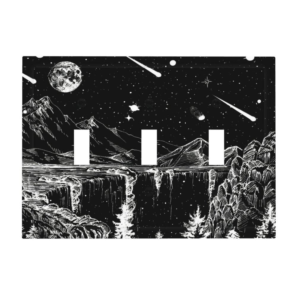 Mountain Moon Stars 3 Gang Triple Toggle Light Switch Cover Decorative Wall Plate Black and White Art Starry Night Nebula Electrical Switchplate Faceplate for Bedroom Living Room Dorm Decor