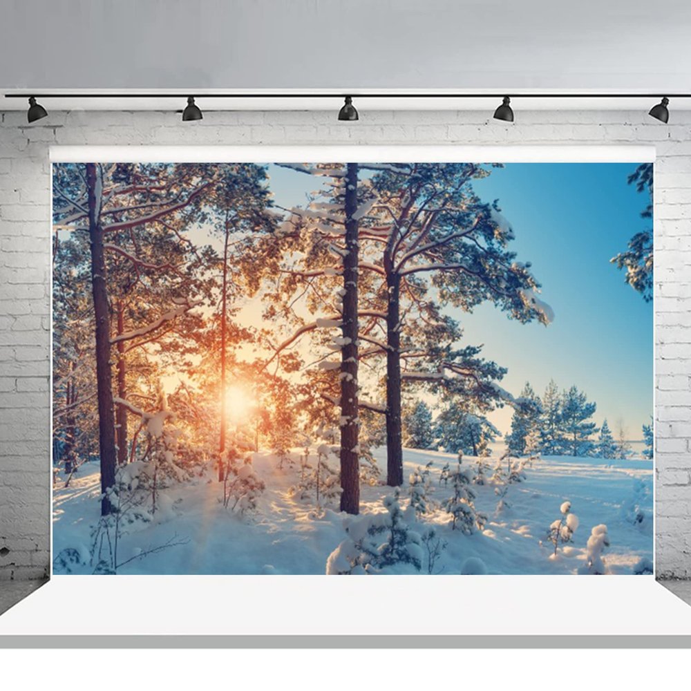 12x10ft Winter Wonderland Backdrop Snow Scene Backdrop Winter Snowy Forest Landscape Pine Tree Sunrise Background for Pictures Winter Backdrop for Photography Winter Christmas Party Decoration