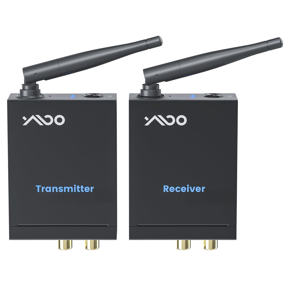 YMOO 2.4GHz Wireless Audio Transmitter Receiver (1 TX+1 RX), 20ms Ultra Low Latency HiFi Audio, 320ft Long Range RCA Jack Adapter for Powered Speaker/Soundbar to TV/PC/CD Player/Computer/Projector
