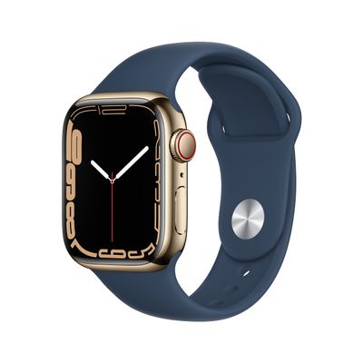 Apple Watch Series 7 [GPS + Cellular 41mm] Smart Watch w/ Gold Stainless Steel Case with Abyss Blue Sport Band (Renewed)