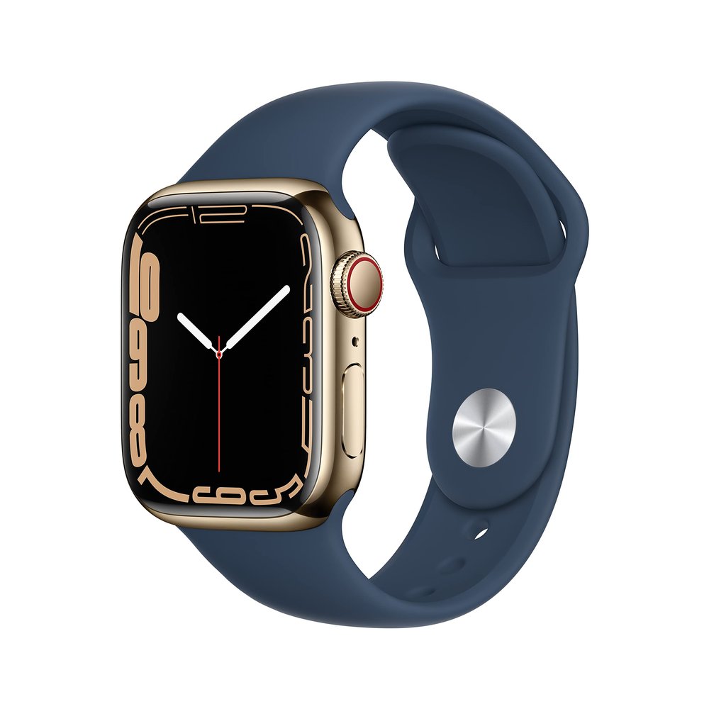 Apple Watch Series 7 [GPS + Cellular 41mm] Smart Watch w/ Gold Stainless Steel Case with Abyss Blue Sport Band (Renewed)