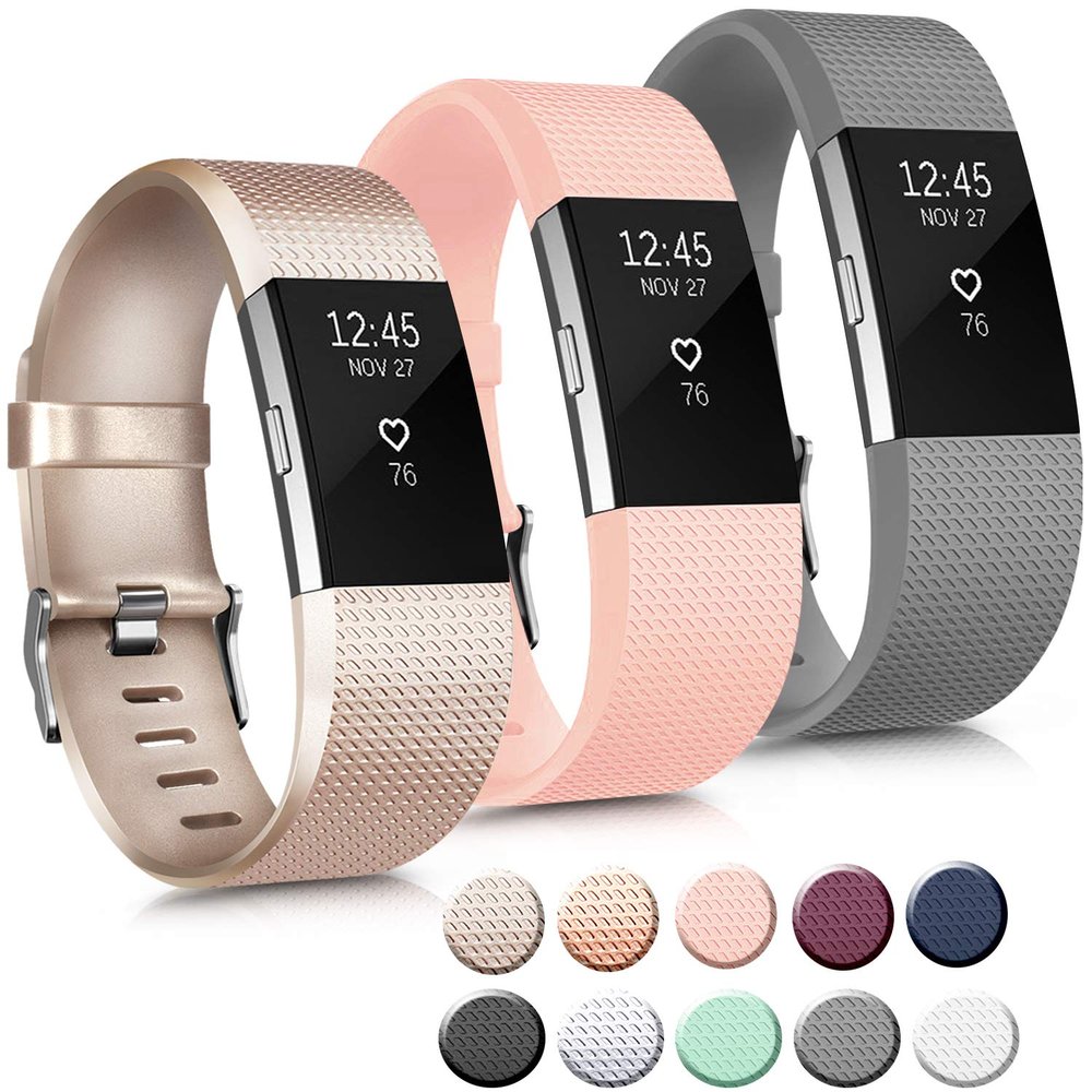3 Pack Sport Bands Compatible with Fitbit Charge 2 Bands Women Men, Adjustable Replacement Strap Wristbands for Fitbit Charge 2 HR Small Large (Small, Champagne Gold/Gray/Pink)