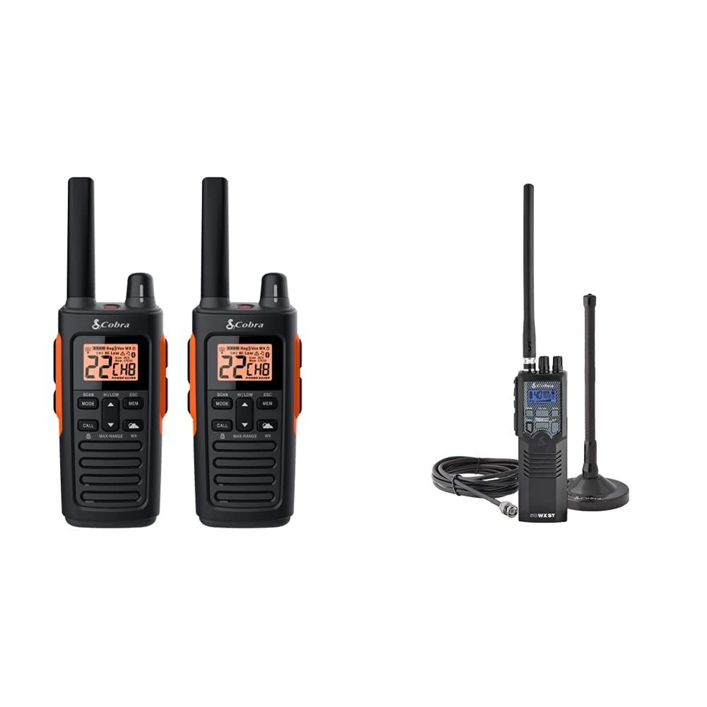 Cobra RX680 2 Watt Rugged Walkie Talkies - ( 2 Pack ) & HHRT50 Road Trip Cb Radio - Emergency Radio, Travel Essentials, 2-Way Handheld Black Radio with Rooftop Magnet Mount Antenna