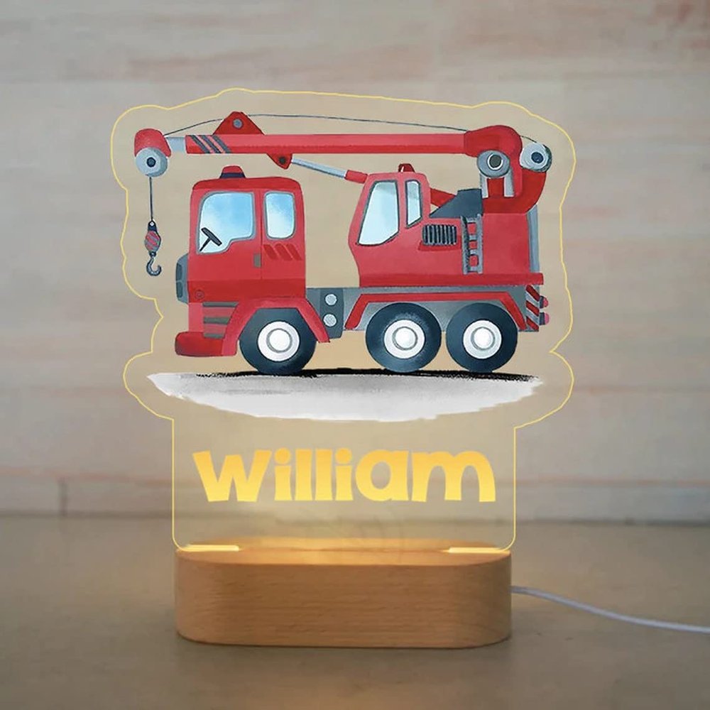 Custom Name Night Light for Kids - Personalized Cartoon Truck Night Light with LED Lighting for Child - Kids Bedroom Night Light - Personalized with Your Kid's Name (Crane)