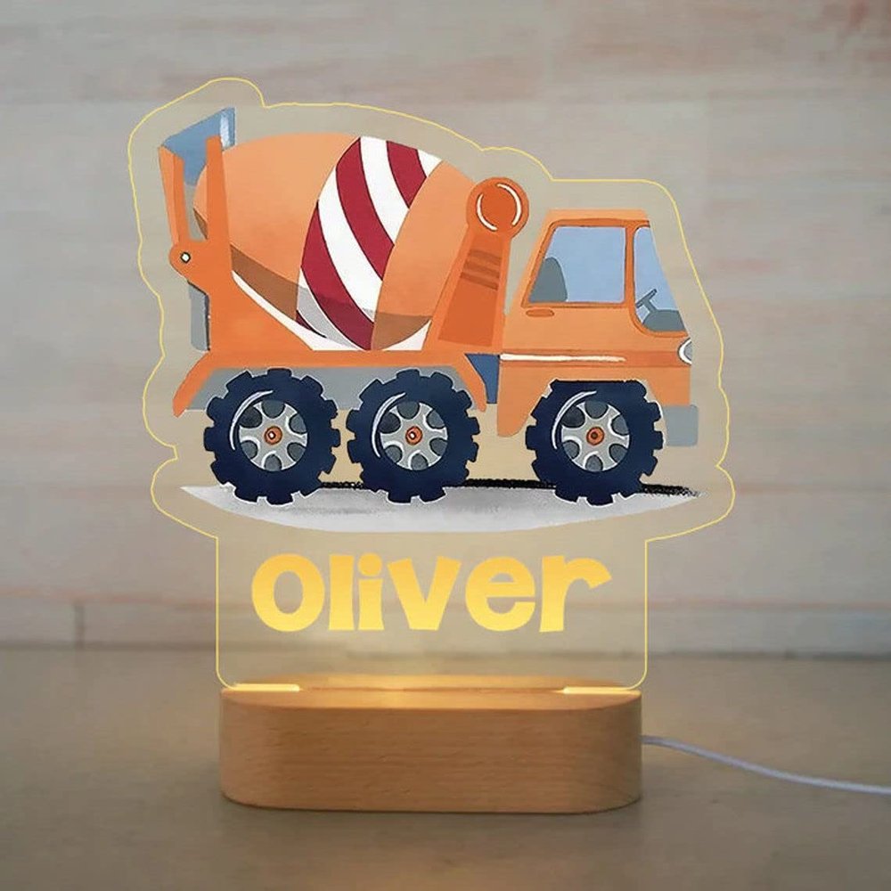 Custom Name Night Light for Kids - Personalized Cartoon Truck Night Light with LED Lighting for Child - Kids Bedroom Night Light - Personalized with Your Kid's Name (Cement Truck)