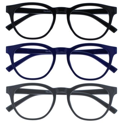 OPULIZE BLU Blue Light Blocking Glasses for Women Men, Cool Round Frame with UV and Eyestrain Protection, Anti-Glare Computer and Gaming Eyewear, Black Blue Grey (Pack of 3)