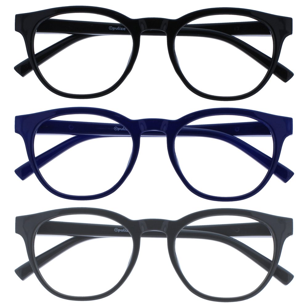 OPULIZE BLU Blue Light Blocking Glasses for Women Men, Cool Round Frame with UV and Eyestrain Protection, Anti-Glare Computer and Gaming Eyewear, Black Blue Grey (Pack of 3)
