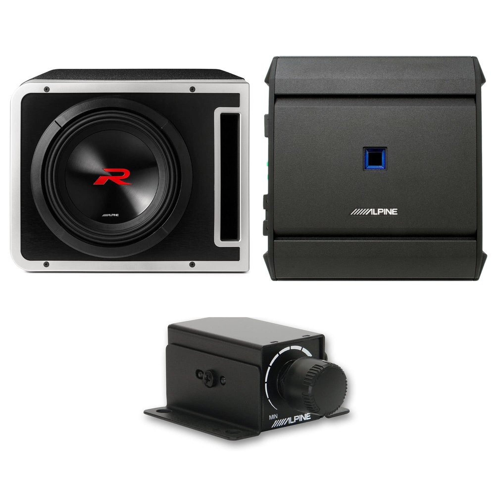 Alpine R2-SB12V-BNDL 12" Type-R Halo Loaded Enclosure with S-A60M 600 Watt Mono Amplifier and RUX-KNOB.2 Bass Knob