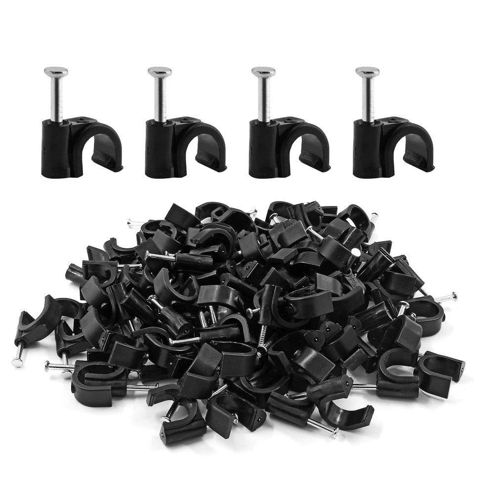 Auvotuis 200Pcs 6mm Nail in Cable Clips Black Cable Cord Management Clips Ethernet Cable Nails Tacks Clips for RG59, RG6, RJ45, CAT6, Coax Cable