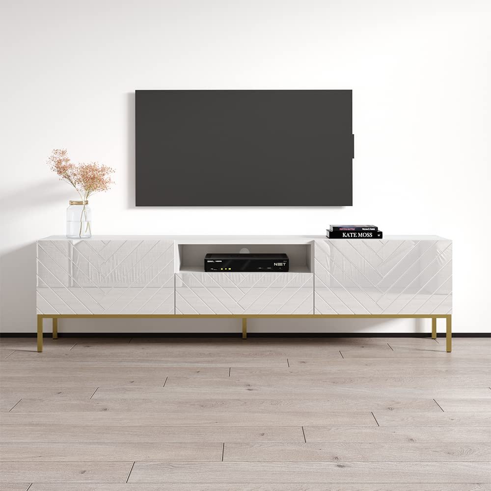 Meble Furniture Gala 01 Modern TV Stand  Rectangular Shape with Storage Cabinets  High Gloss and Matte Finish, 70.9" W x 15.7" D x 23.6" H  White