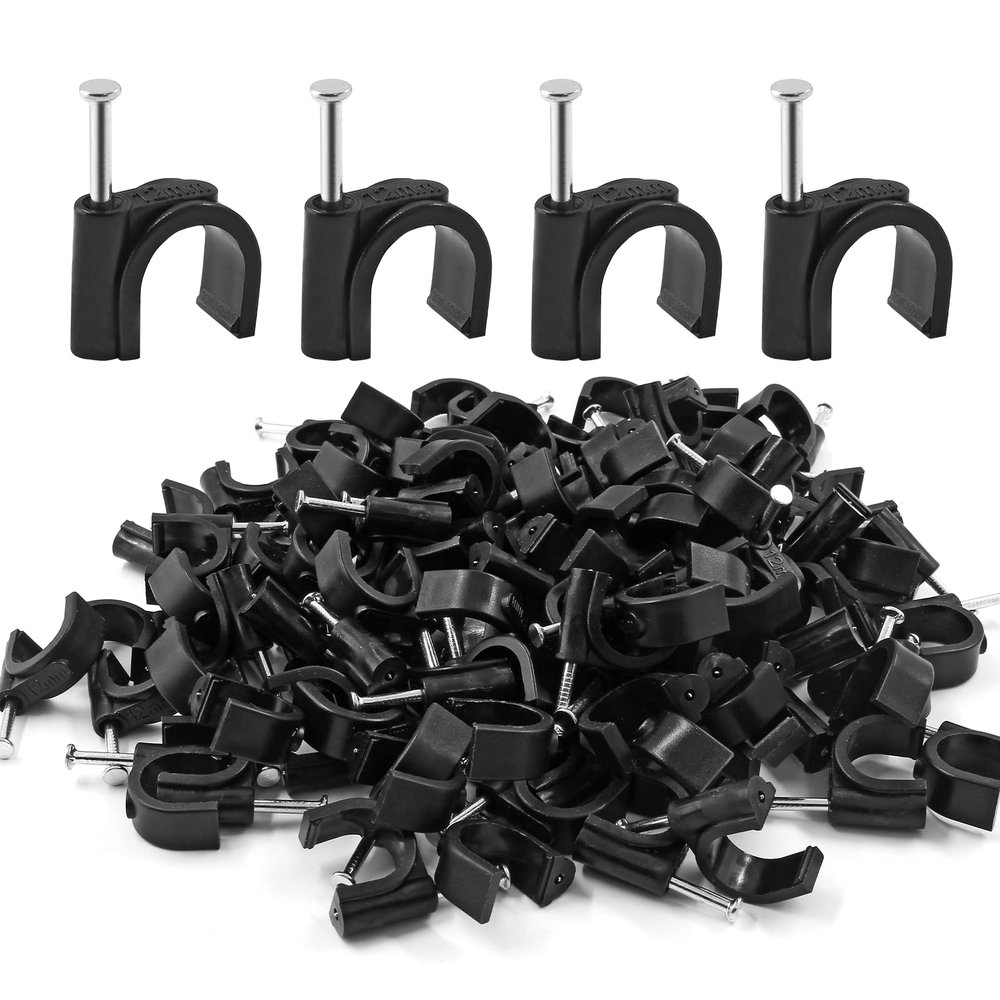 Auvotuis 200Pcs 12mm Nail in Cable Clips Black Cable Cord Management Clips Ethernet Cable Nails Tacks Clips for RG59, RG6, RJ45, CAT6, Coax Cable
