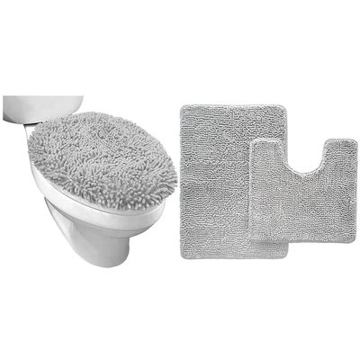 GORILLA GRIP Toilet Lid Cover and Area Rug Mat Set, Toilet Cover Size 17.5x15 Fits Standard Toilet Lids, Bath Rug Size 30x20 & Contoured Toilet Base Mat, Washable, Both in Light Gray, 2 Item Bundle