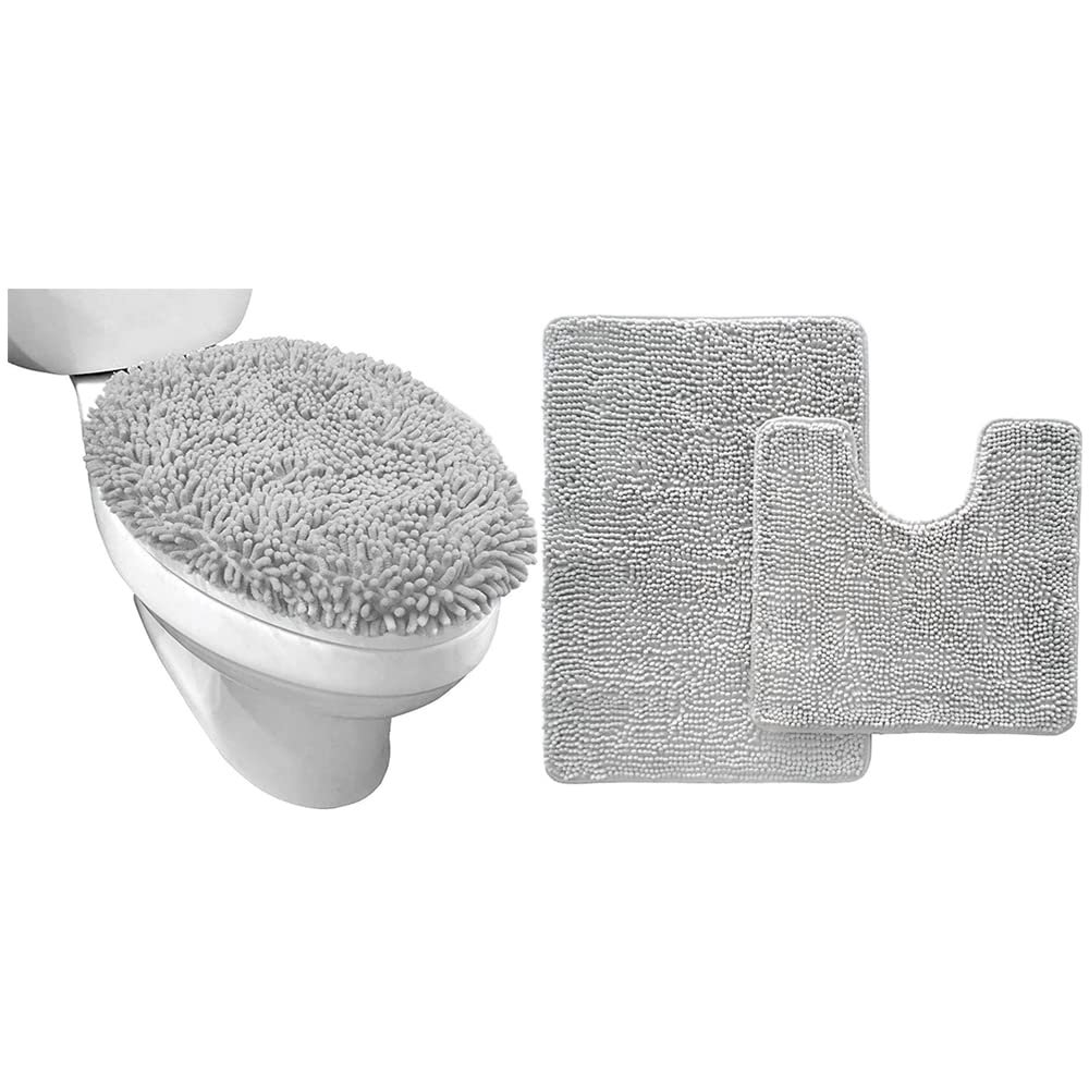 GORILLA GRIP Toilet Lid Cover and Area Rug Mat Set, Toilet Cover Size 17.5x15 Fits Standard Toilet Lids, Bath Rug Size 30x20 & Contoured Toilet Base Mat, Washable, Both in Light Gray, 2 Item Bundle