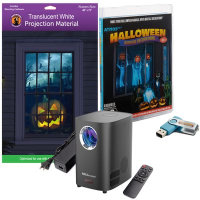 Reaper Brothers Halloween Digital Decoration Kit Includes 8 AtmosFX Video Effects for Halloween Plus HD Super Bright Projector and 48 x 72 Holographic Projection Screen