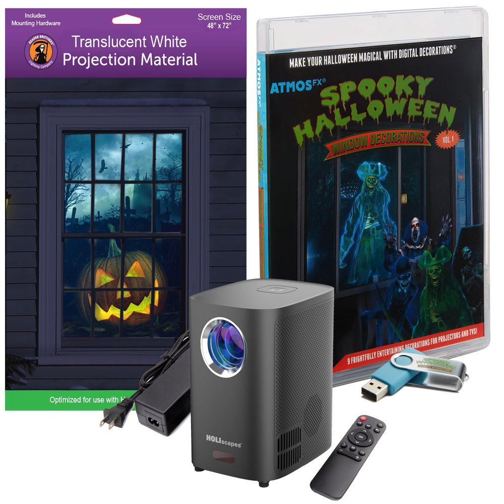 Reaper Brothers Spooky Halloween Digital Decoration Kit Includes 9 AtmosFX Video Effects for Halloween Plus HD Super Bright Projector and 48 x 72 Holographic Projection Screen