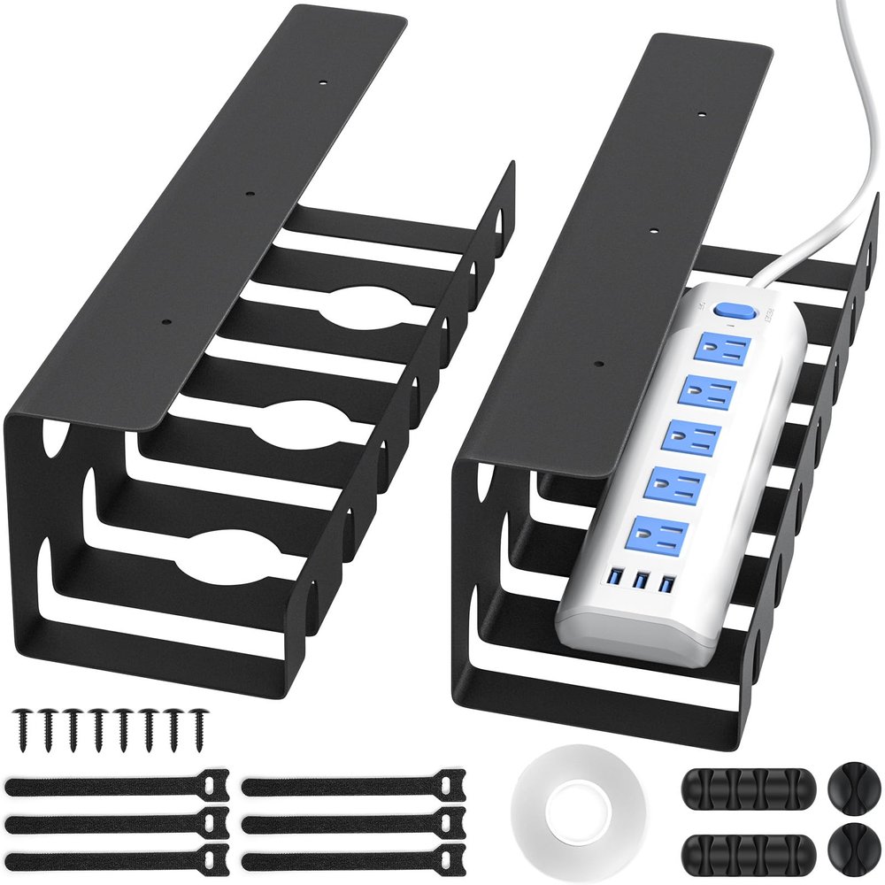 Delamu 2 Pack Metal Under Desk Cable Management Tray, U Channel Cord Organizer Box, Office Under Desk Cord Organizers, Cable Management with Various Accessories, Black, 15.75 Inches