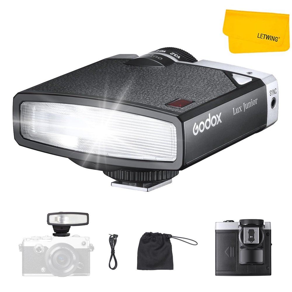 Godox Lux Junior Retro Camera Flash, GN12 Vintage Universal Flash Speedlite, 7 Levels Power 1/1-1/64, Godox Small Flash for Sony Canon Fujifilm Nikon Olympus Cameras, S1/S2 Optical Control, A/M Mode