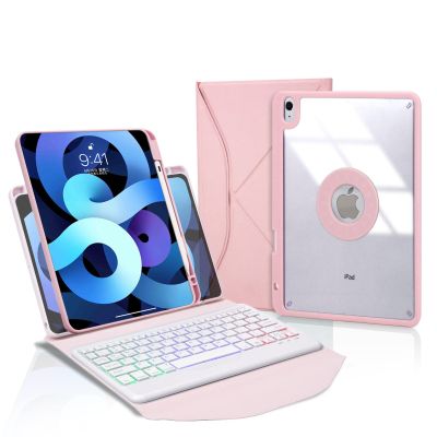 Vertical Kickstand iPad Air5 2022/Air4 2020 Keyboard Case 7 Colors Backlight iPad Air 5th 4th Gen 3 in 1 Detachable Transparent Back Cover Bluetooth Wireless Keyboard (iPad Air5/Air4, Pink)