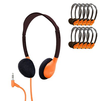 HamiltonBuhl HA2-ORG Personal On-Ear Stereo Headphones 200-Pack  Orange, Replaceable Foam Cushions, Adjustable Headband, 5 ft Chew-Resistant Dura-Cord, 3.5mm Stereo Plug