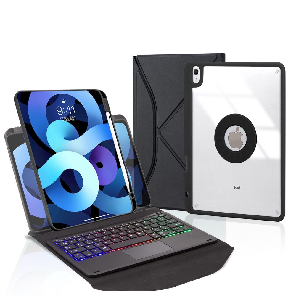 7-Color Backlight iPad Air5 2022/Air4 2020 Keyboard case Touchpad 360Rotatable Vertical Stand Detachable Bluetooth Keyboard Transparent Back Cover (iPad Air5/Air4, Black)