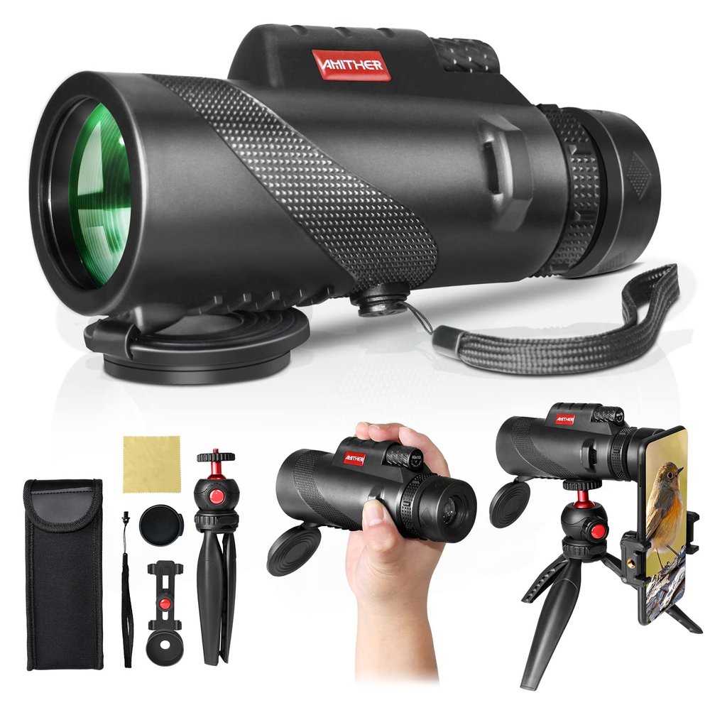 80x100 Monocular Telescope for Smartphones - High Powered HD Monocular with Tripod & Adapter, Low Light Vision for Adults - for Wildlife, Bird Watching, Hunting, Hiking