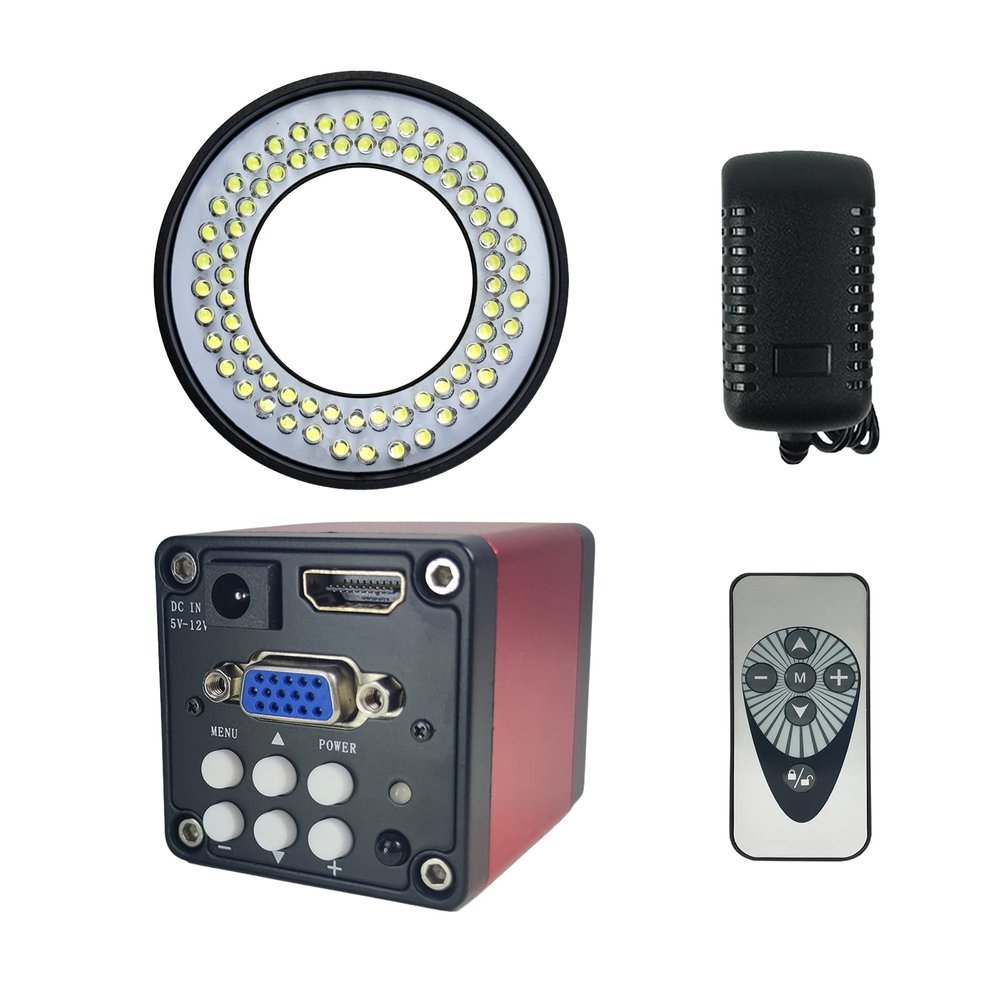 HDMI VGA HD Camera+72LED Ring Light for Microscope, USB TF Digital Video Stereo Microscope, Industrial Electronic Video Microscope Camera, Phone PCB Soldering Repair Tools (14MP Camera+72LED)