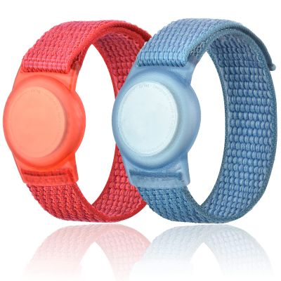 Kids Wristband Compatible with Apple AirTag, Protective Case for Air Tag GPS Tracker Holder with Nylon Bracelet, Adjustable Anti Lost Watch Band for Toddler Child Elder(Red & Blue)