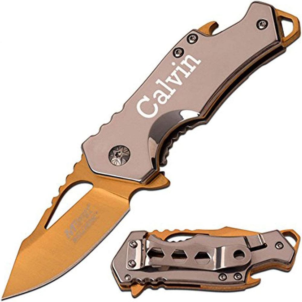 GIFTS INFINITY Laser Engraving Stainless Steel Pocket Knife 3" with Bottle Openor for Camping, Fishing, Hiking & Everyday use  Gift for Men & Women Christmas - Silver Gold