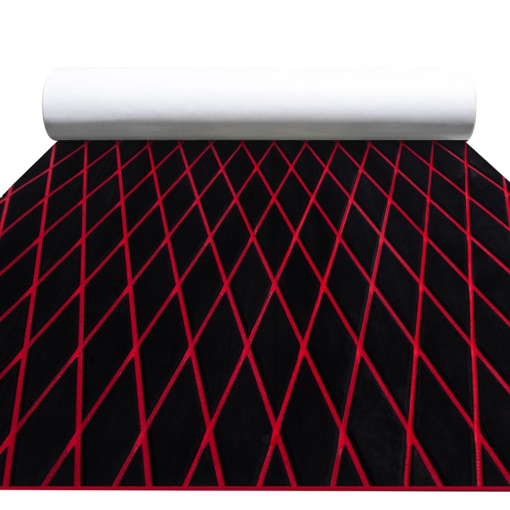 FOCEAN Boat Flooring EVA Foam Boat Decking Marine Mat Non-Slip Self-Adhesive Flooring Sheet for Motorboat Kayak Surfboard Garden Swimming Pools, 75''x 28'', Black with Red Lines