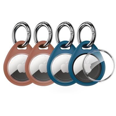 UNBREAKcable Holder for Apple AirTag - 4 Pack [Fit Tightly Design] [Easy to Install] [Hold Air Tag Securely] Waterproof TPU Shell Protective Case with All Metal Keychain Key Ring Clip (Brown&Blue)