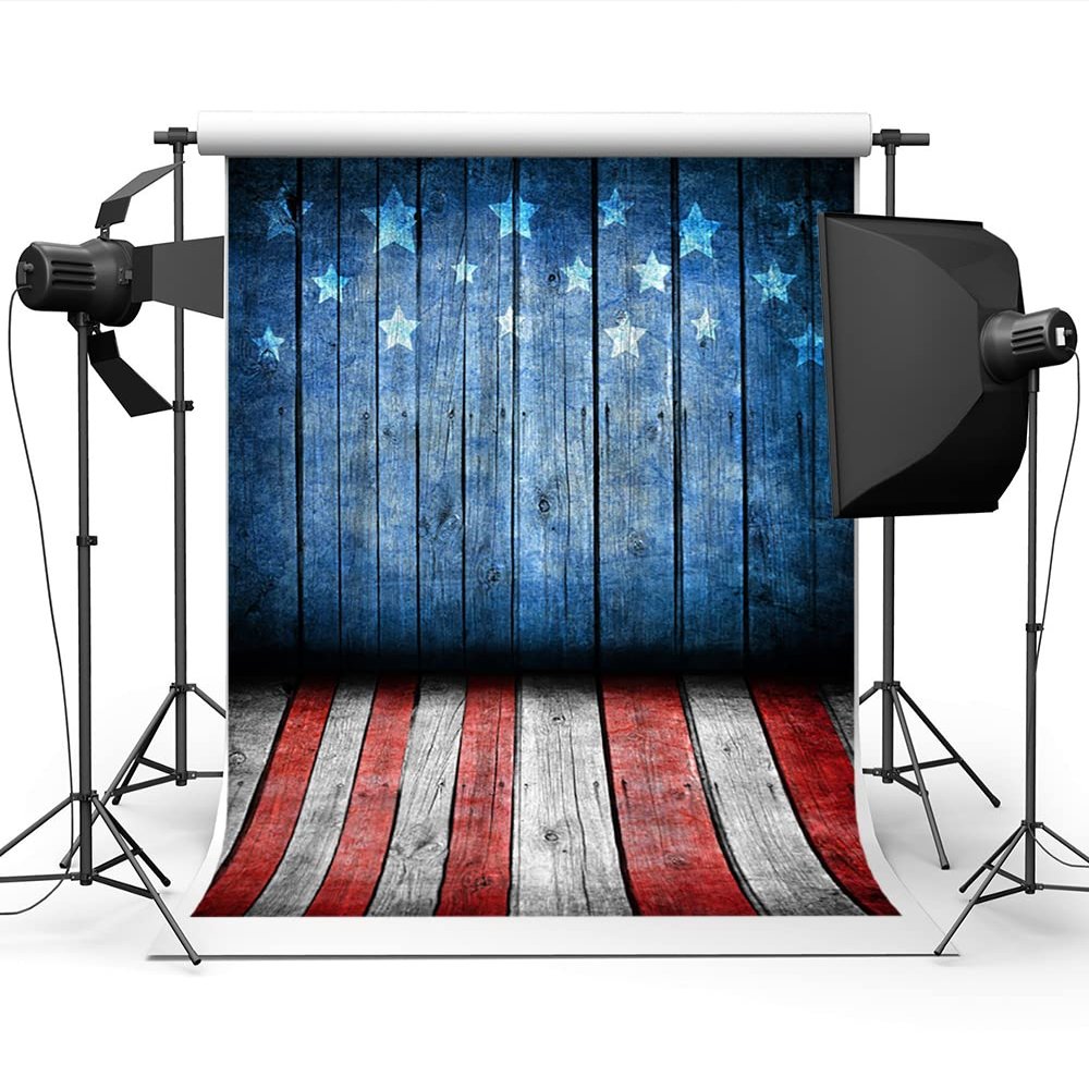 10x10ft Dark Blue Wood Board Star Wall Red and White Wood Floor Photographic Background National Flag Day Background