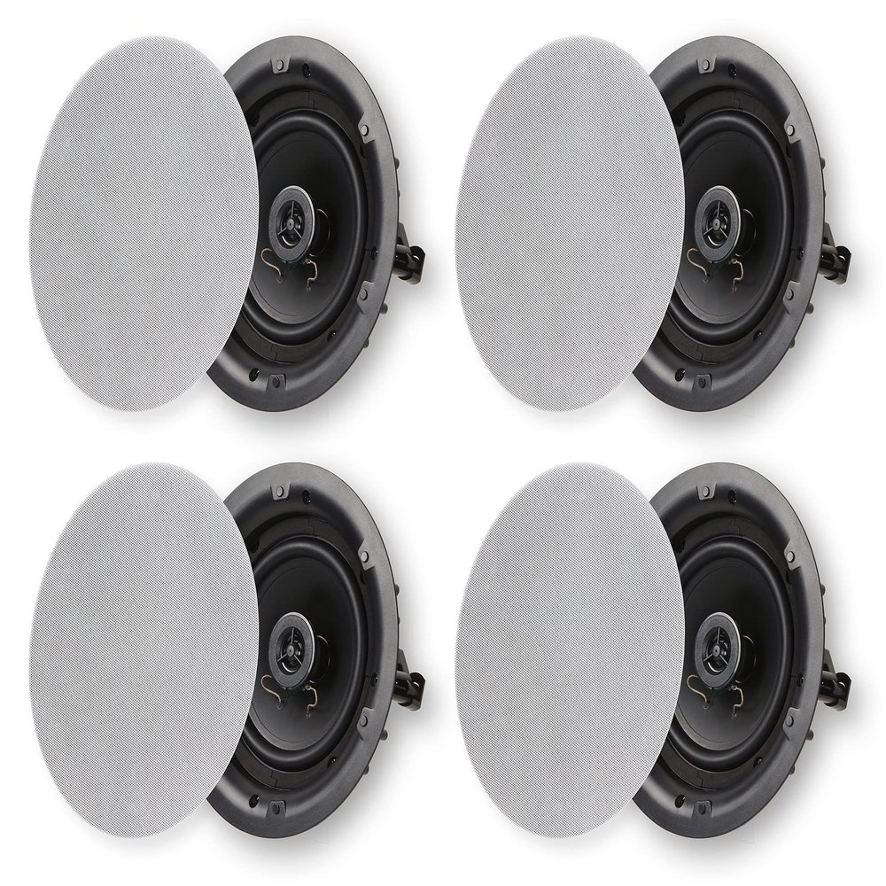 Micca 6.5" 2-Way in Ceiling or Wall Round Speakers, 4 Pack, 6.5 Inch Woofer, 8" Cutout Diameter, Low Profile Rimless Design, for Indoor Rooms or Covered Outdoor Porches, White, Paintable (Renewed)